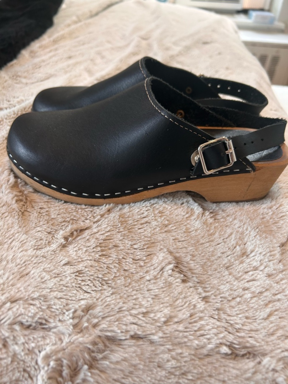 MIA Black Leather Slingback Clogs with Wood-Look Heel